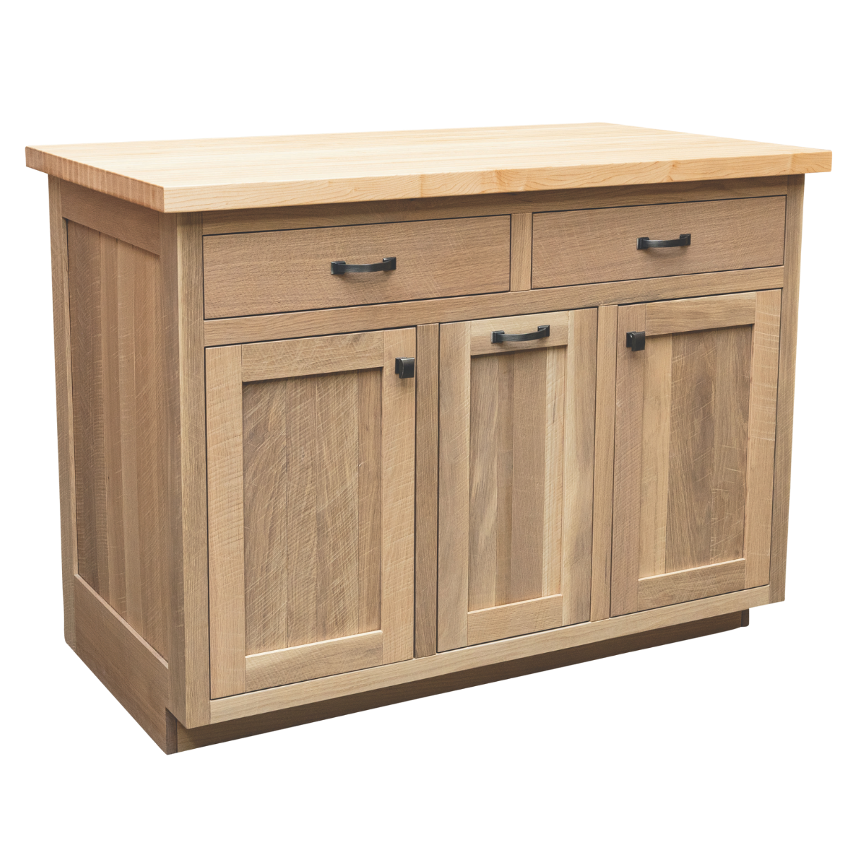 A wooden kitchen island with two drawers on top, cabinet doors below, and a pullout trash bin in the center, featuring black handles.