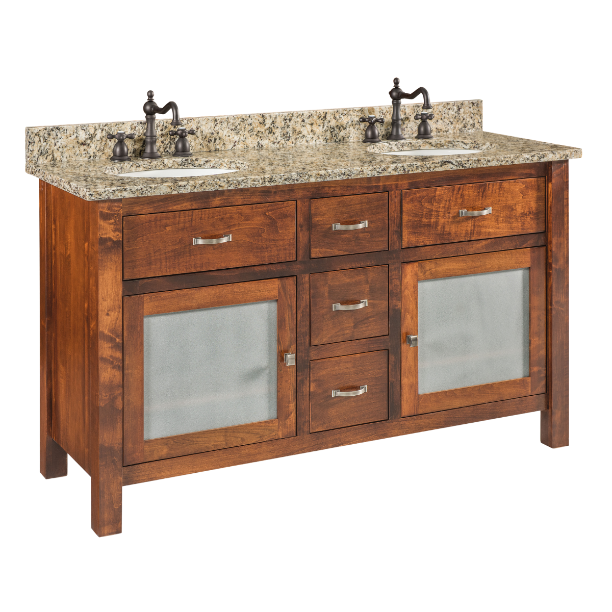 Vanity cabinet with a speckled granite countertop, 5 drawers, and two doors with frosted glass
