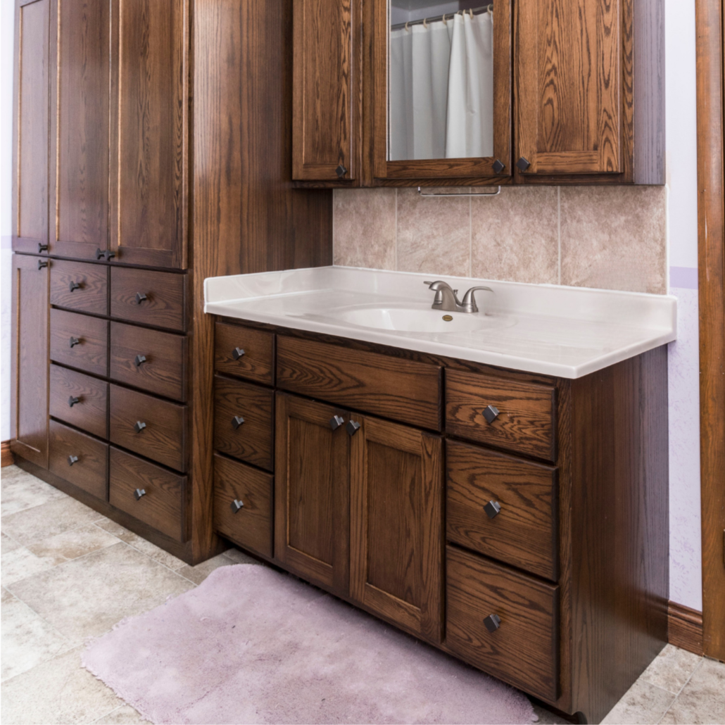 Dark Stained Oak Bathroom Vanity with Large Linen Cabinet & Built-In Mirror