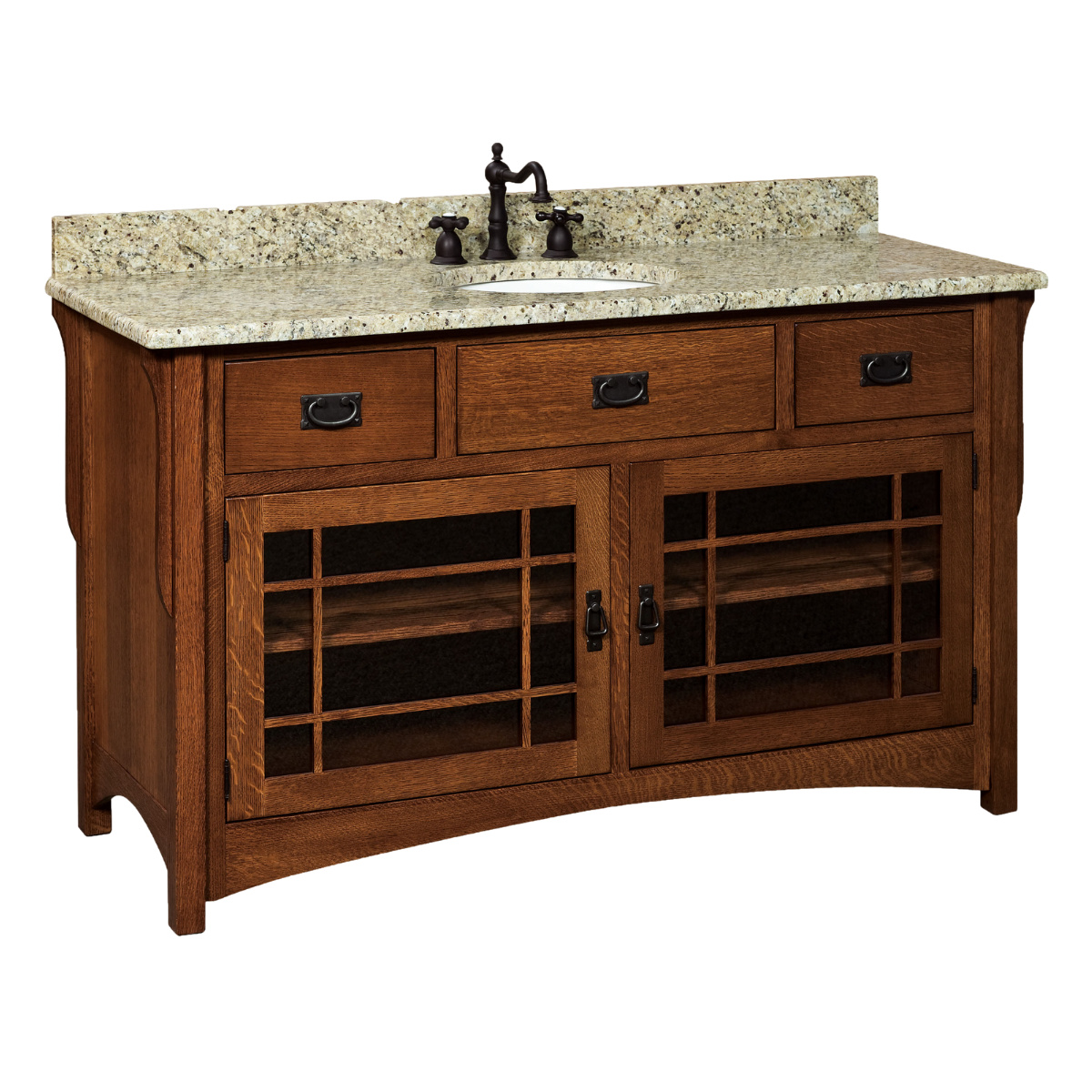 A cream and black speckled countertop, with one sink, on top of a wood vanity cabinet with two glass doors and three drawers
