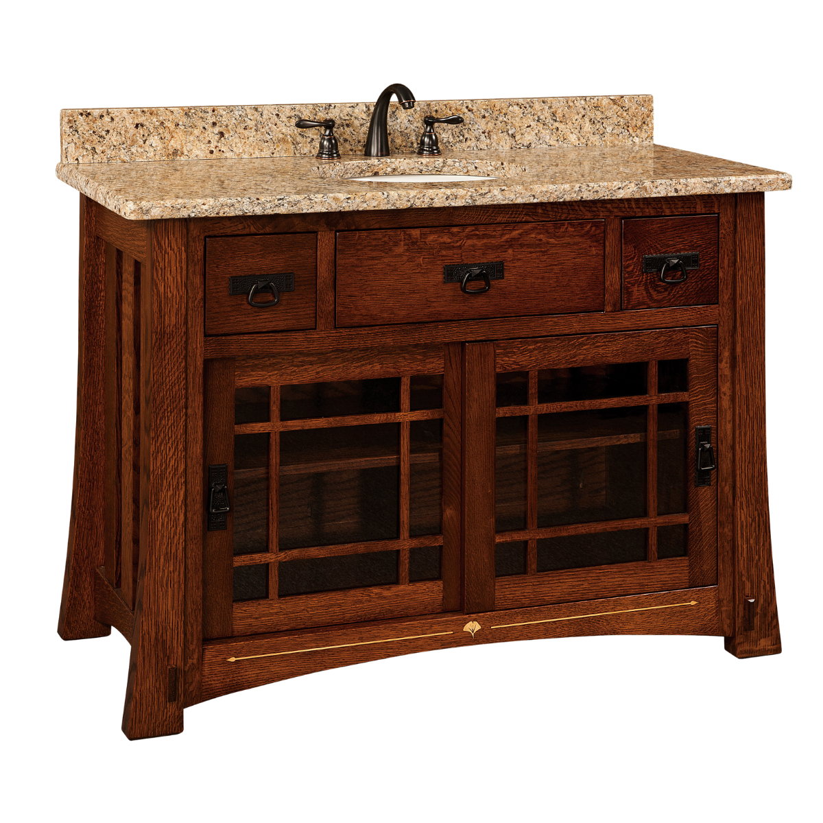 A cabinet for a bathroom that has two sliding doors with glass panes, three drawers, and a tan and black speckled granite countertop with black hardware
