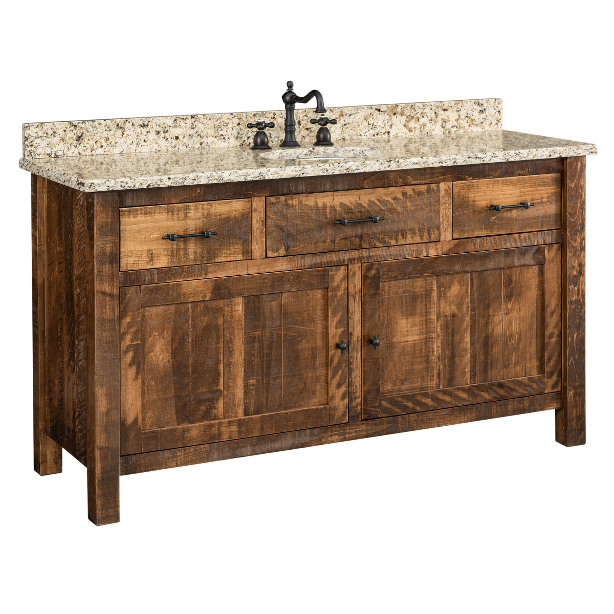 A 61 inch wide bathroom vanity with three drawers across the top, two doors beneath them, and a granite countertop with a 4 inch backsplash