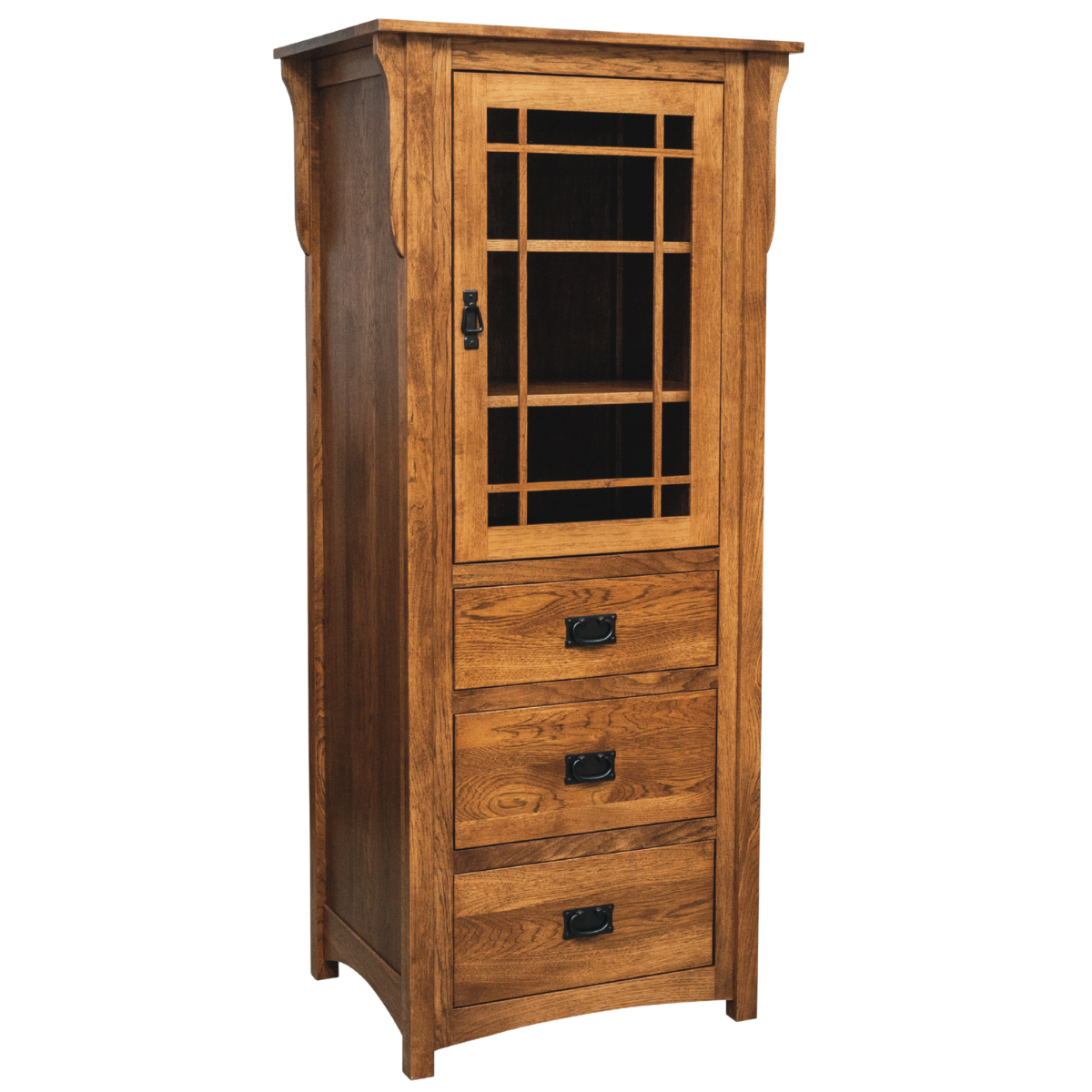 A tall wooden cabinet for linens that has three drawers and one door with a glass pane
