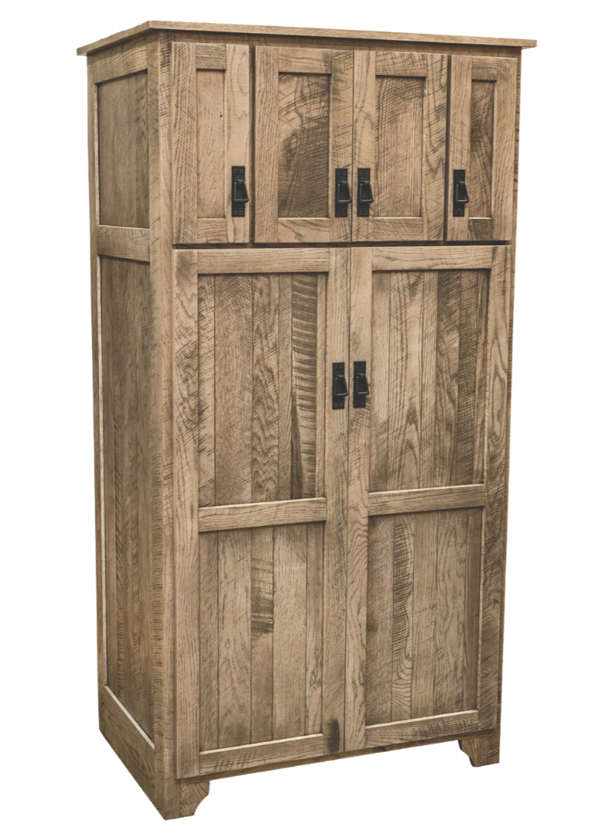A tall wooden cabinet with two doors, each fitted with black handles, and a natural woodfinish. The cabinet has a rustic style with vertical wood paneling.