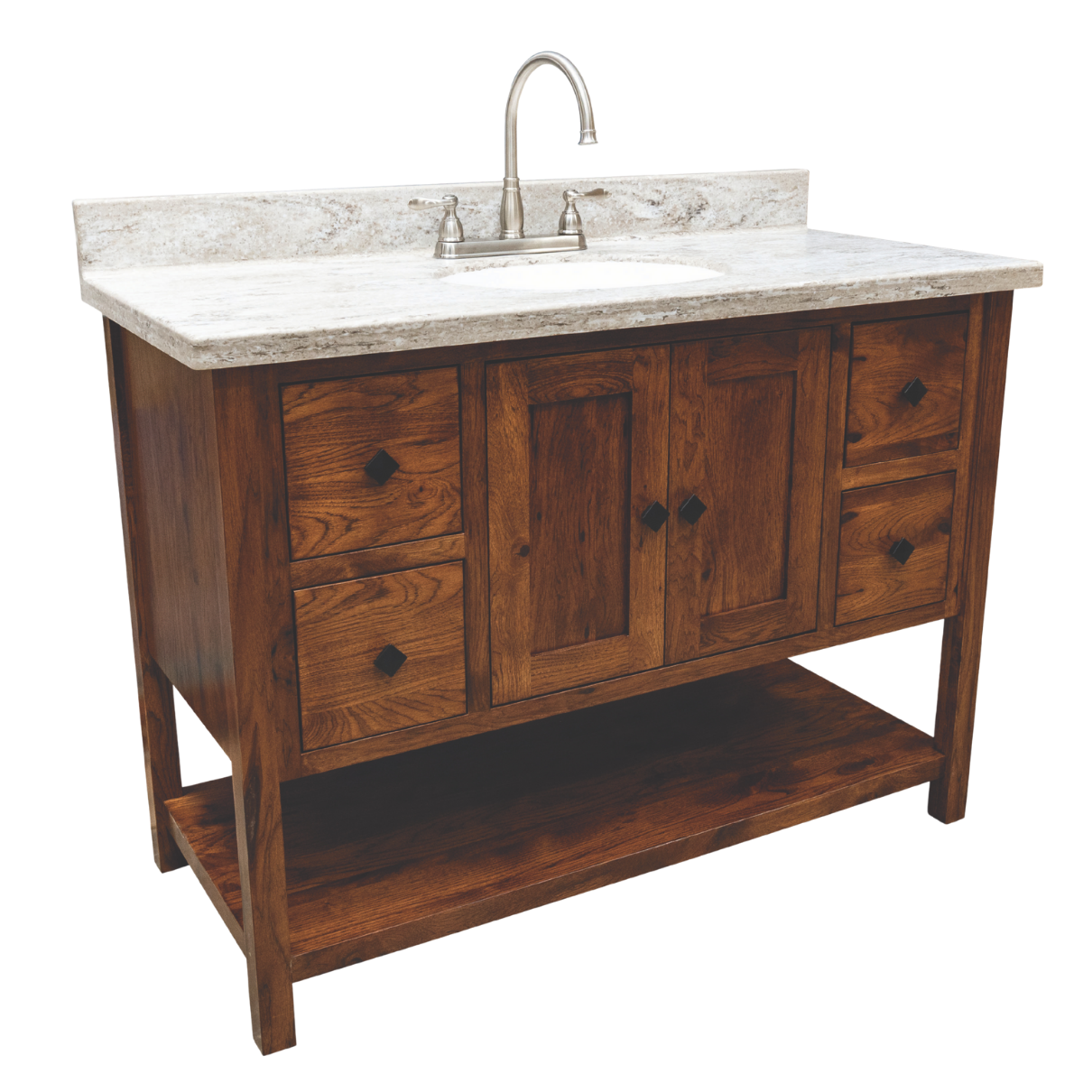 An orange-brown bathroom vanity cabinet with solid surface countertop