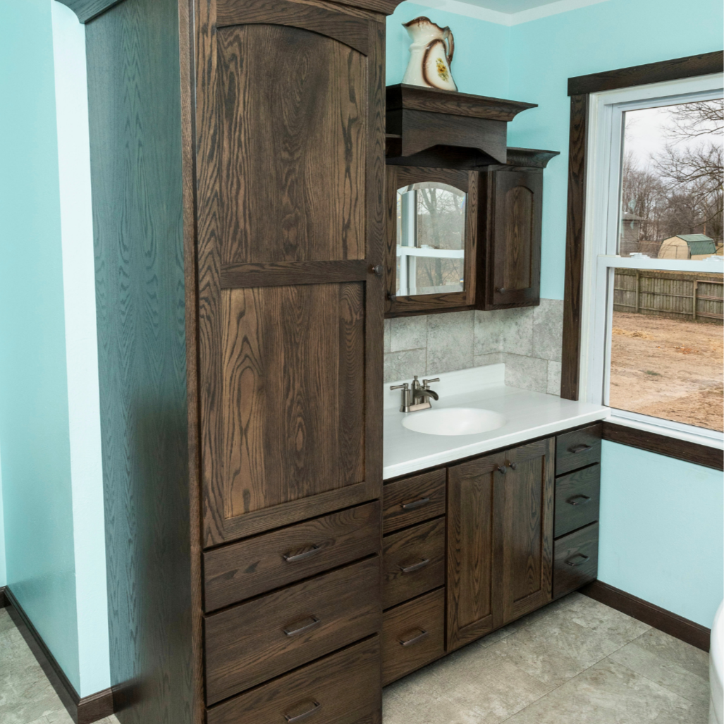 Espresso Oak Bathroom Vanity with Built-In Mirror & Crown Detail