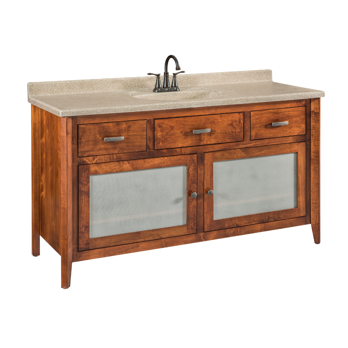 A 2 door, 3 drawer orange wood bathroom vanity with a brown solid surface countertop that has one sink bowl.