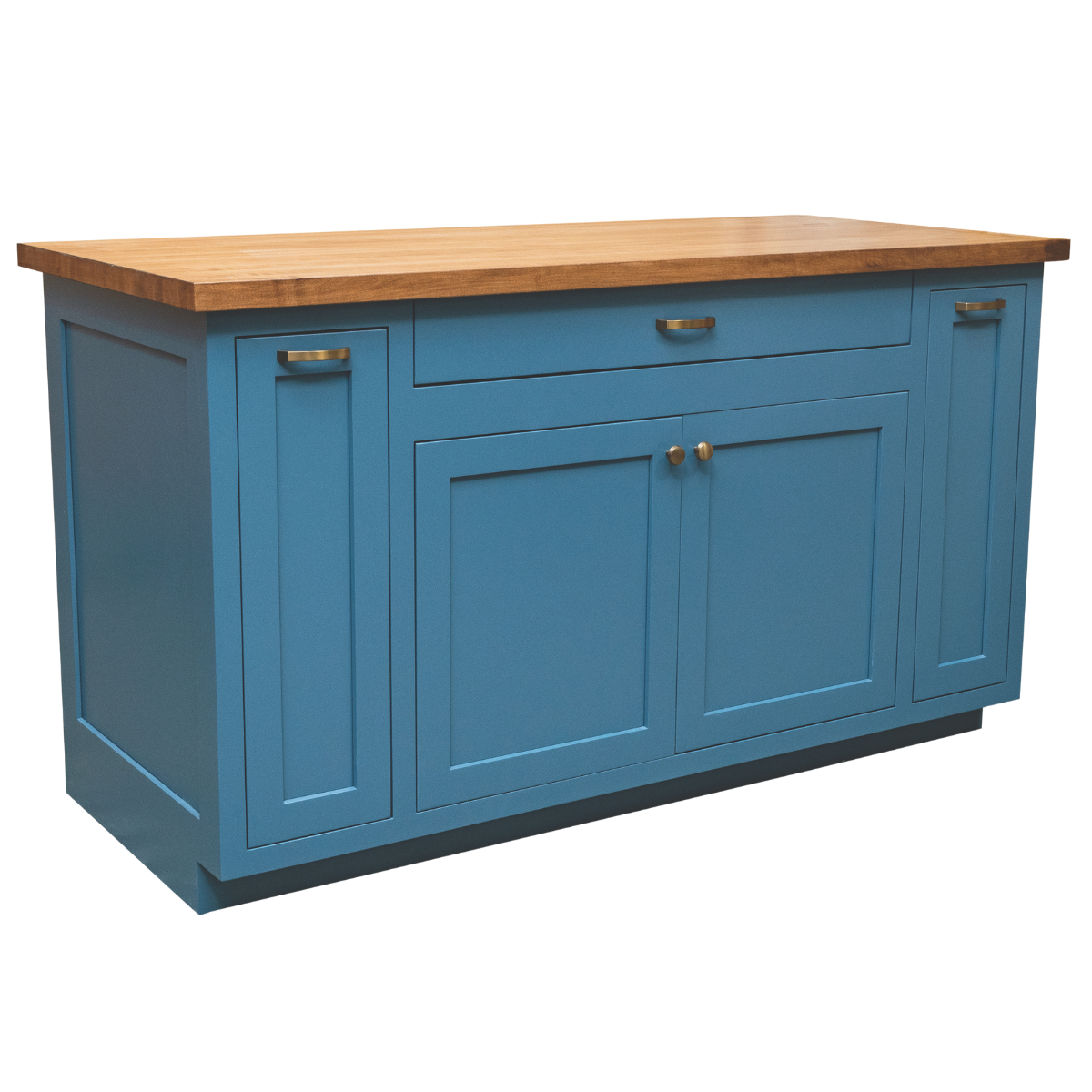 Blue kitchen island cabinet with wood butcher block countertop, featuring one drawer, two cabinet doors, and two pullout storage shelves with metal handles.