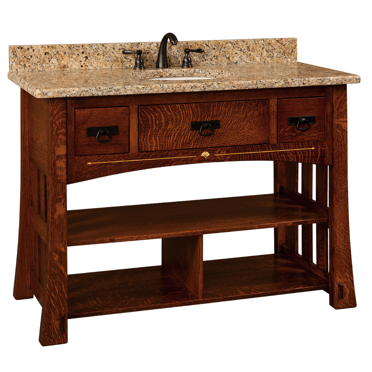 Open-shelf bathroom vanity with rich stained wood, granite countertop and backsplash, single undermount sink, three drawers with metal pull hardware, and two open lower shelves.
