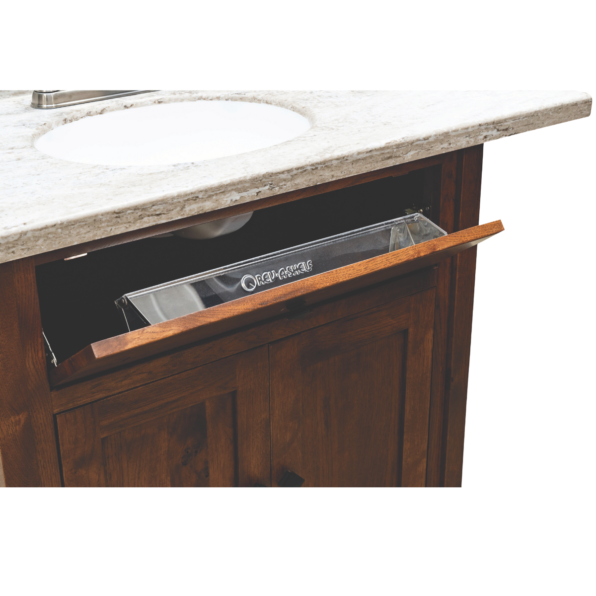 Wooden bathroom vanity with a marble countertop, an undermount sink, and an open pull-out drawer underneath.