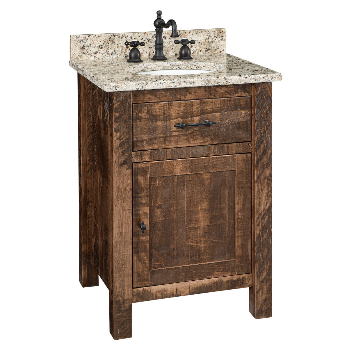 A rustic rough sawn maple cabinet with one door, one drawer, and a countertop with a sink on top