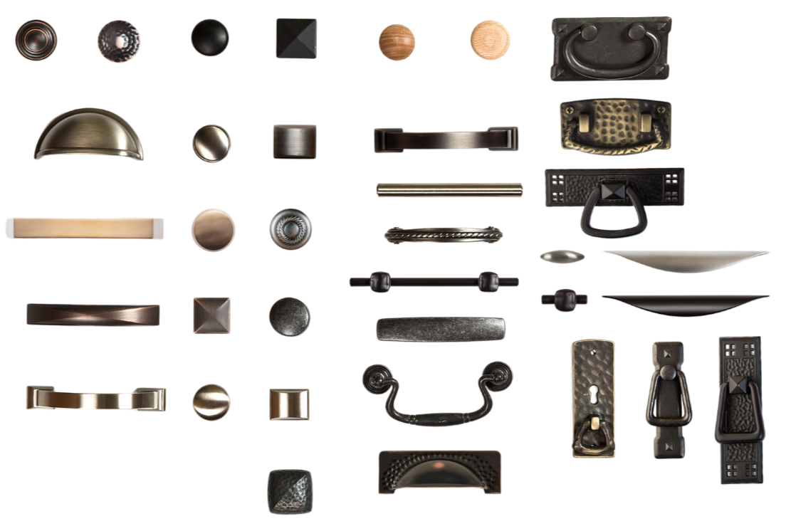 A collage of various hardware handles, knobs, and pulls in different shapes, sizes, and finishes.