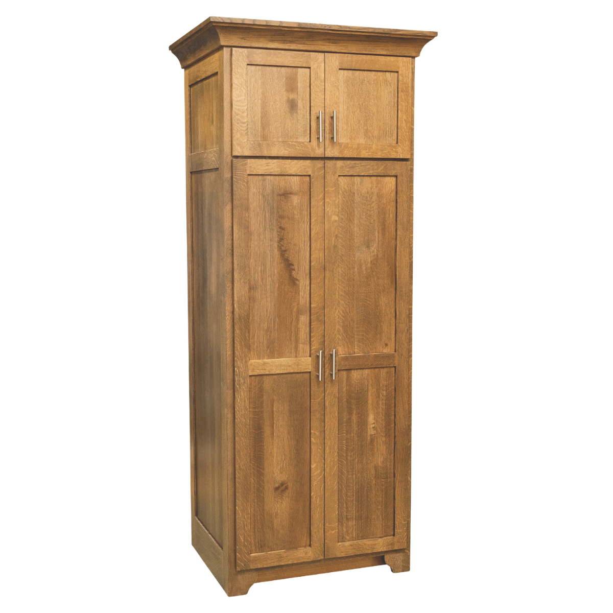 A tall, wooden kitchen or bathroom cabinet with four doors and metal handles, made of light-colored wood with a natural finish.