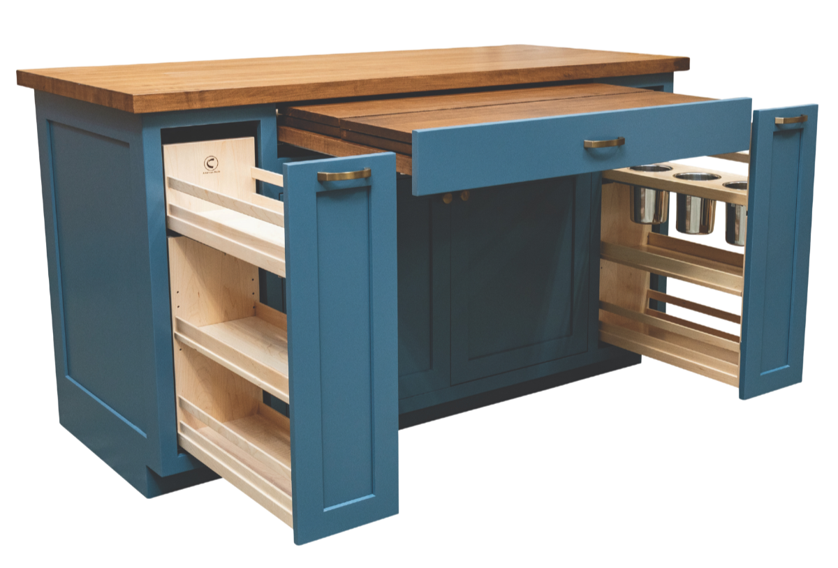 A wooden kitchen island with blue cabinet doors and natural wood butcher block countertop, featuring open pullout storage shelves and one open drawer with metal handles.