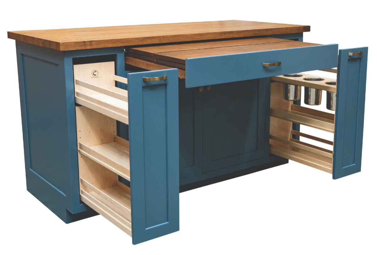 A kitchen island with a wooden countertop, blue paint, and built-in storage with open shelves and drawers.