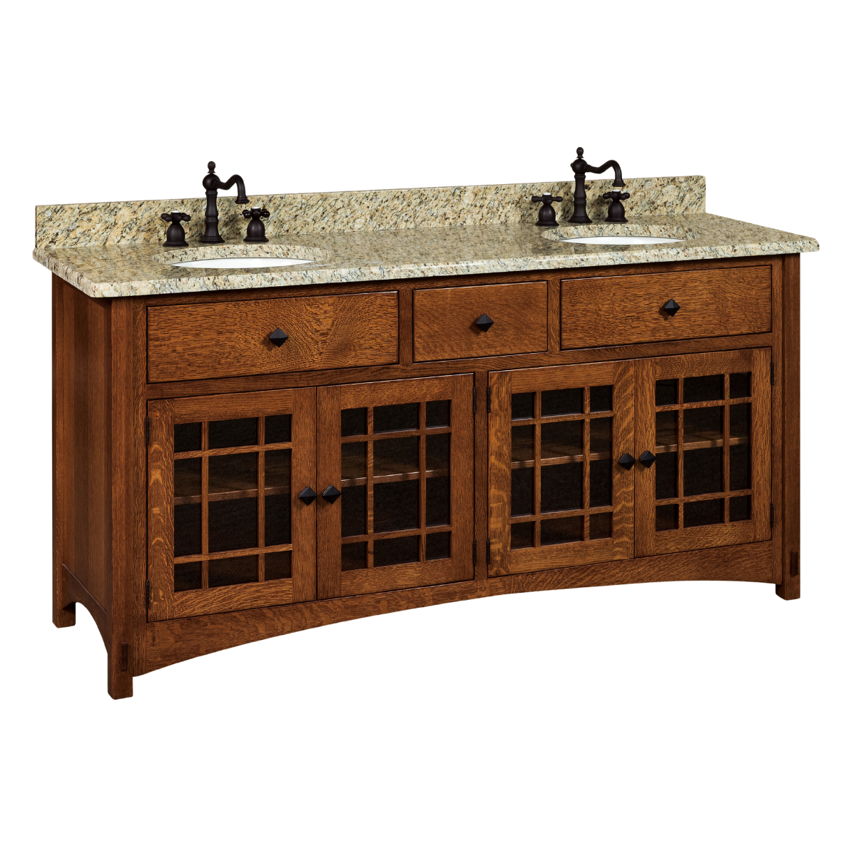 large 72 inch double vanity with three drawers and four doors with black pulls and a countertop made out of juperano gold dark granite