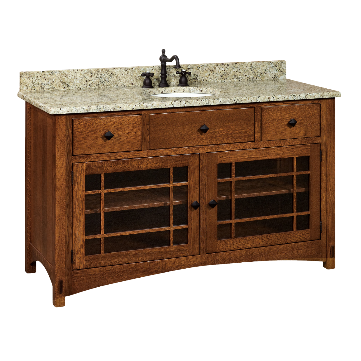 A quarter sawn white oak bathroom vanity that is sixty inches wide and has a gold granite countertop with a single sink bowl as well as two glass pane doors with a shelf and three drawers