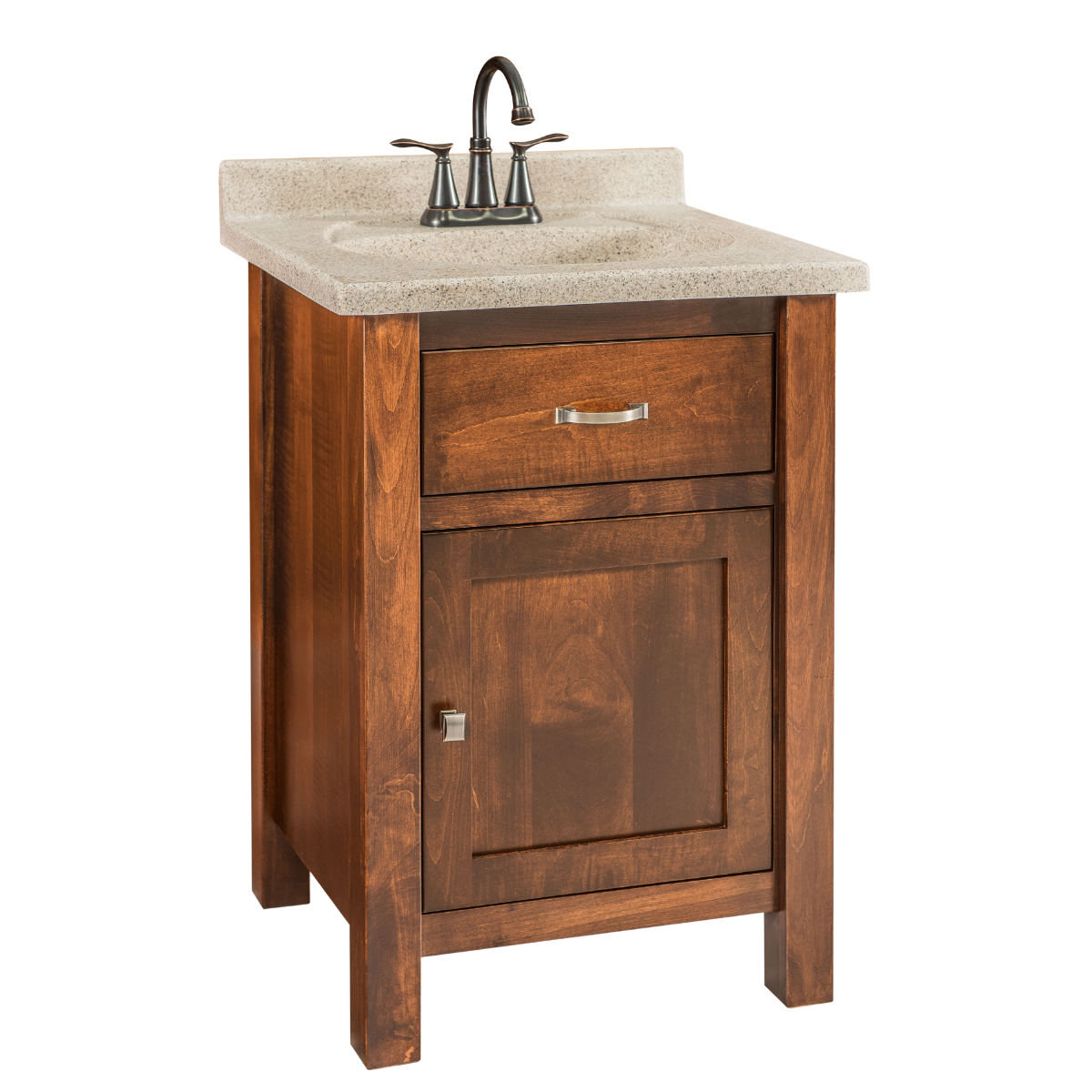 A small brown brathroom vanity with brown countertop and a single sink bowl