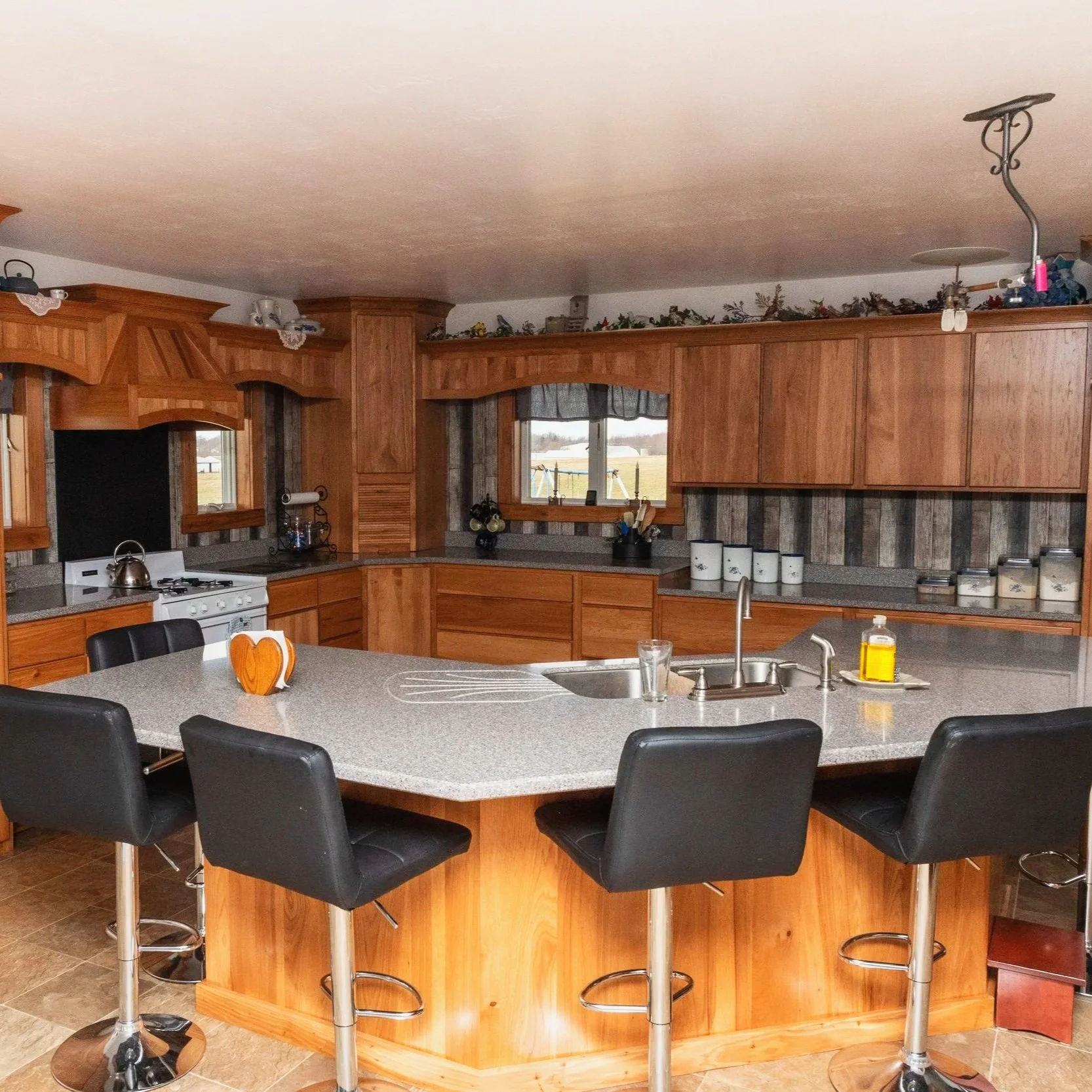 Stained Hickory Kitchen with Large Island & Custom Window Valances