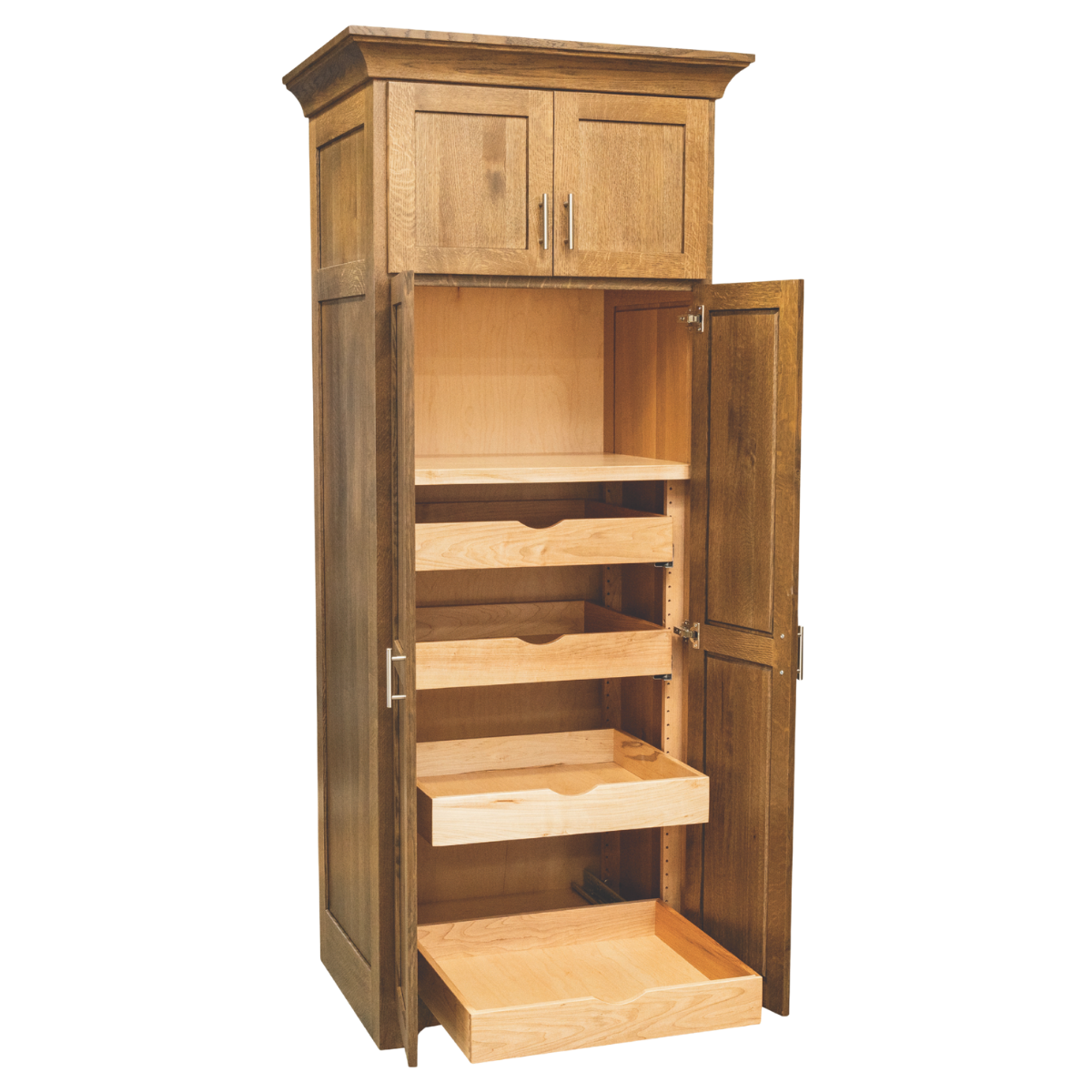 A tall wooden cabinet with two doors at the top and three drawers inside. The cabinet is made of light and dark wood, with silver handles on the doors and drawers.