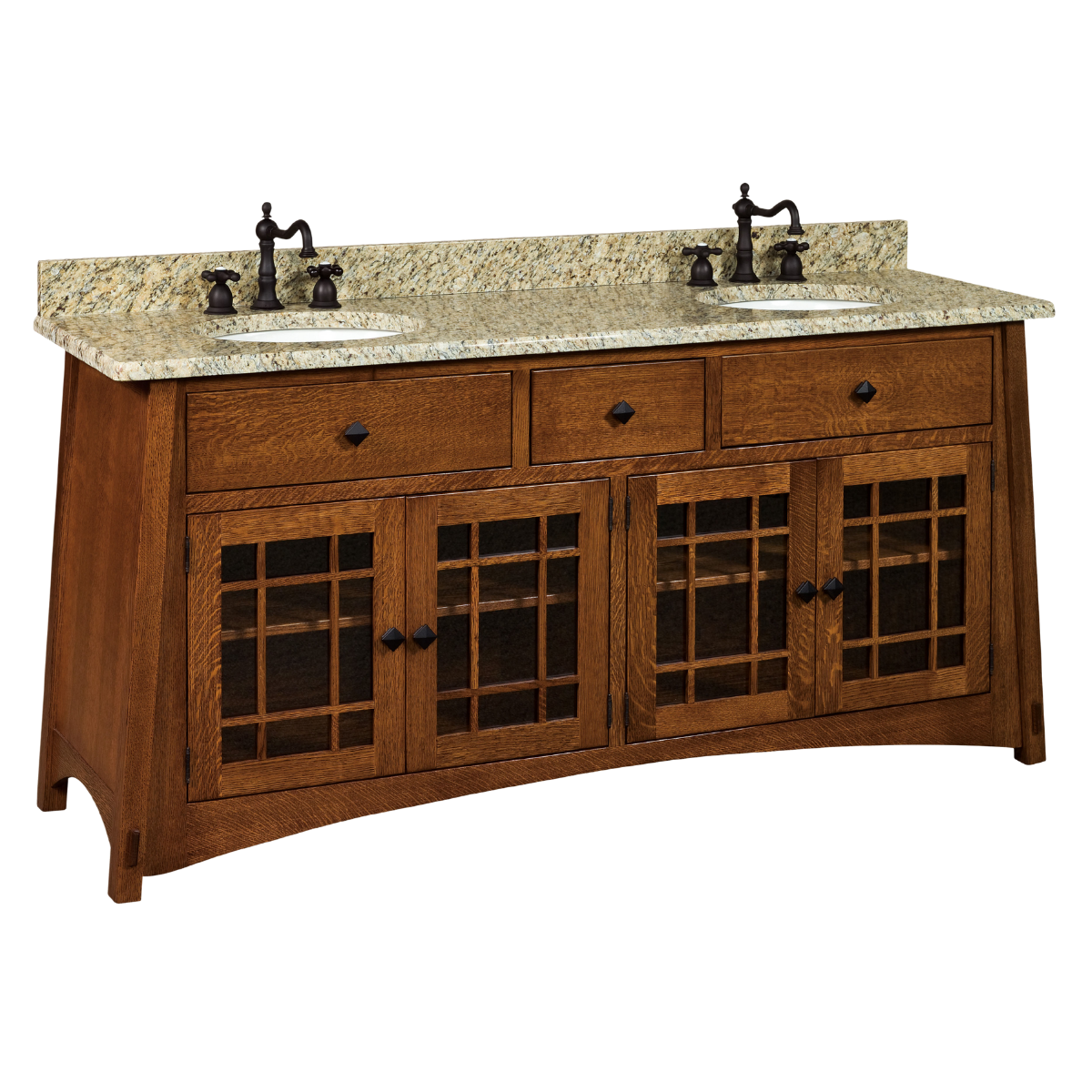 72-inch Craftsman-style double bathroom vanity with two sinks, granite countertop, three drawers, and four glass-paneled cabinet doors.