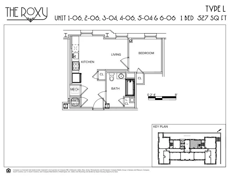 Floor plan of a one-bedroom apartment at The Roxy, unit layout, kitchen, living room, bedroom, bathroom, closets, mechanical room, laundry area, and key plan.