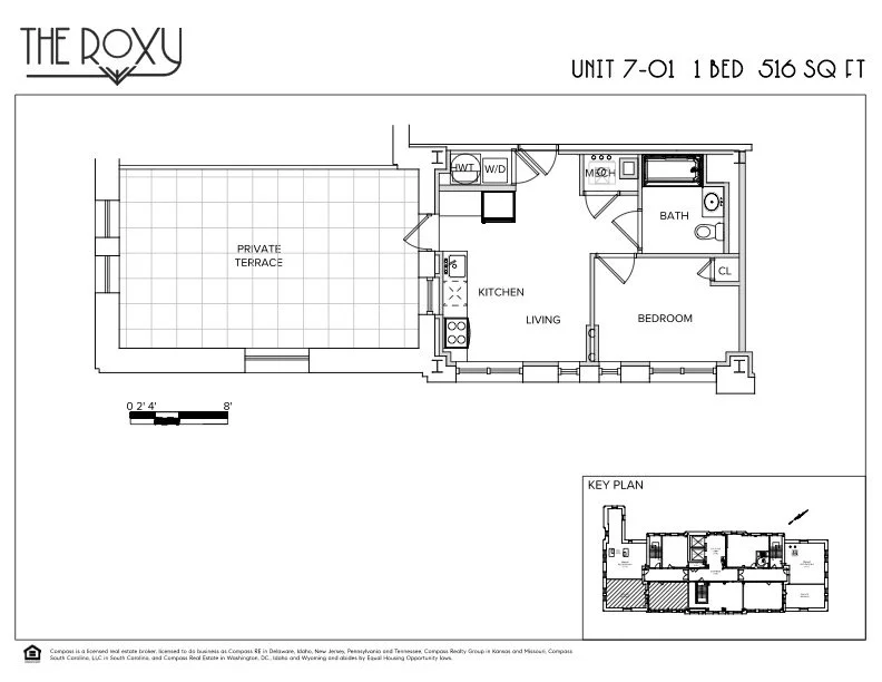 Floor plan of a one-bedroom apartment at The Roxy with a private terrace, kitchen, living area, bedroom, and bathroom. 