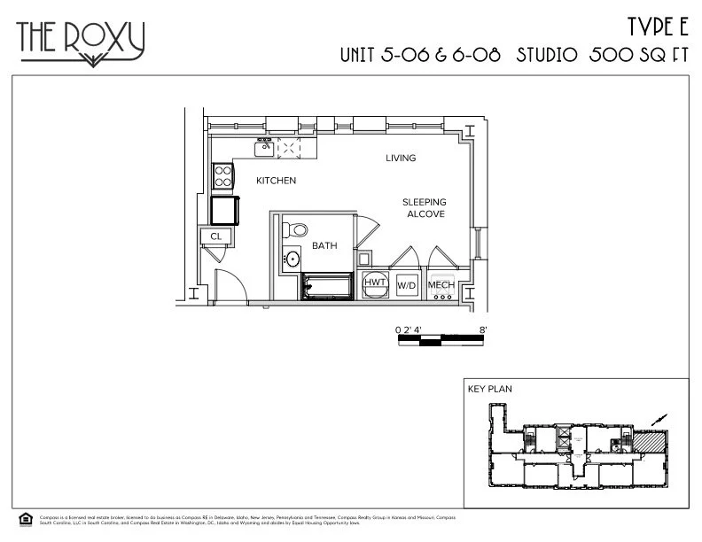Floor plan for a studio apartment at The Roxy with a total area of 500 square feet, including a kitchen, living area, sleeping alcove, bathroom, and utility closet, with a key plan in the bottom right corner.