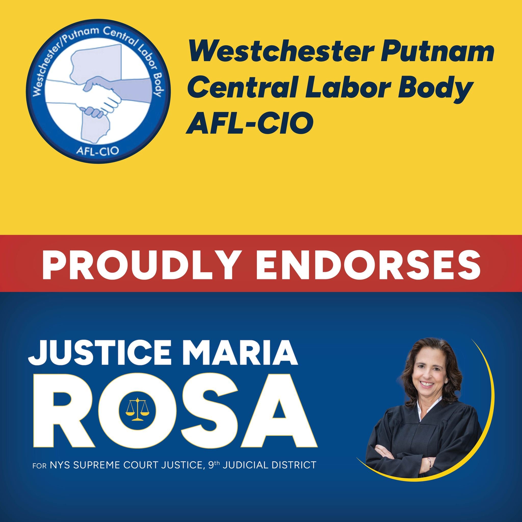 ENDORSEMENT ALERT! 🔔

We are very proud to have earned the support of the Westchester/Putnam Central Labor Body AFL-CIO in our re-election campaign for NYS Supreme Court!

This tremendously important labor union works tirelessly on behalf of folks a
