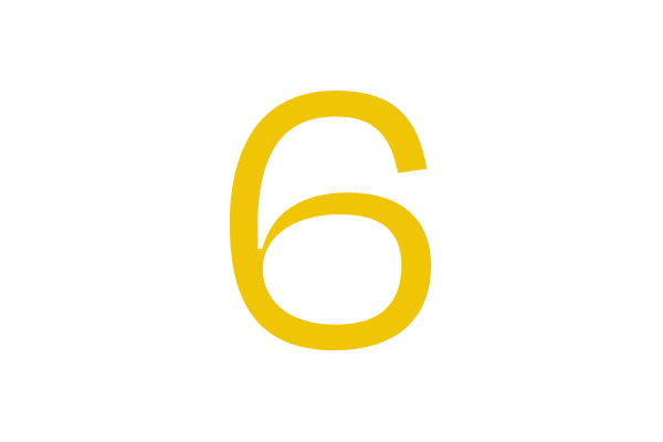 Número 6 en color amarillo en fondo negro.