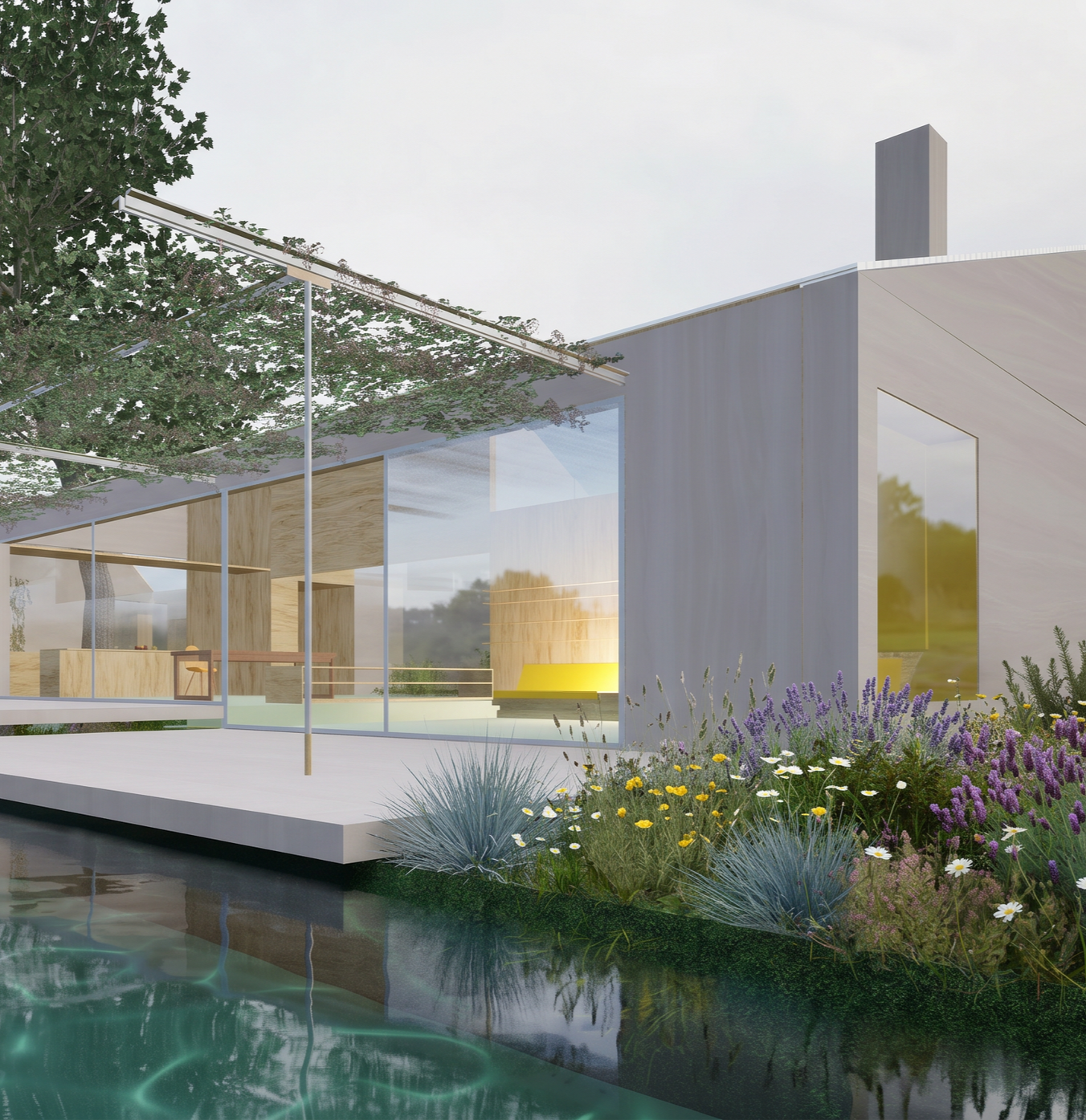 Estructura arquitectónica moderna con techo de plantas y madera, en un espacio de interior con mesas y sillas, junto a un cuerpo de agua y un cielo despejado.