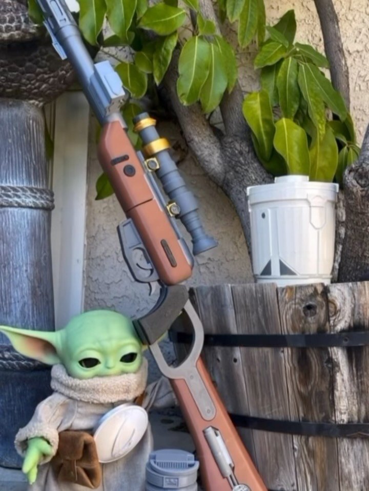 Here is a new 2026 Movie version Mandalorian rifle that is now available in my shop. This rifle is the same as the other, however, it has a red and purple barrel tip.  This is more for anyone who has a safety concern when going to cons. 

The Mandalo