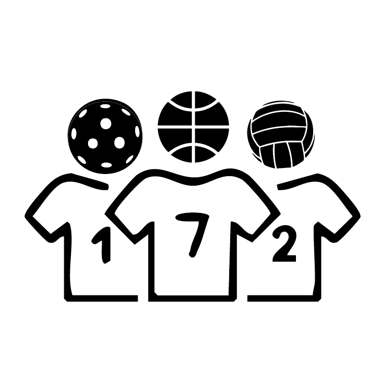 Line drawing of three volleyball jerseys numbered 1, 7, and 2, with volleyballs above each jersey.