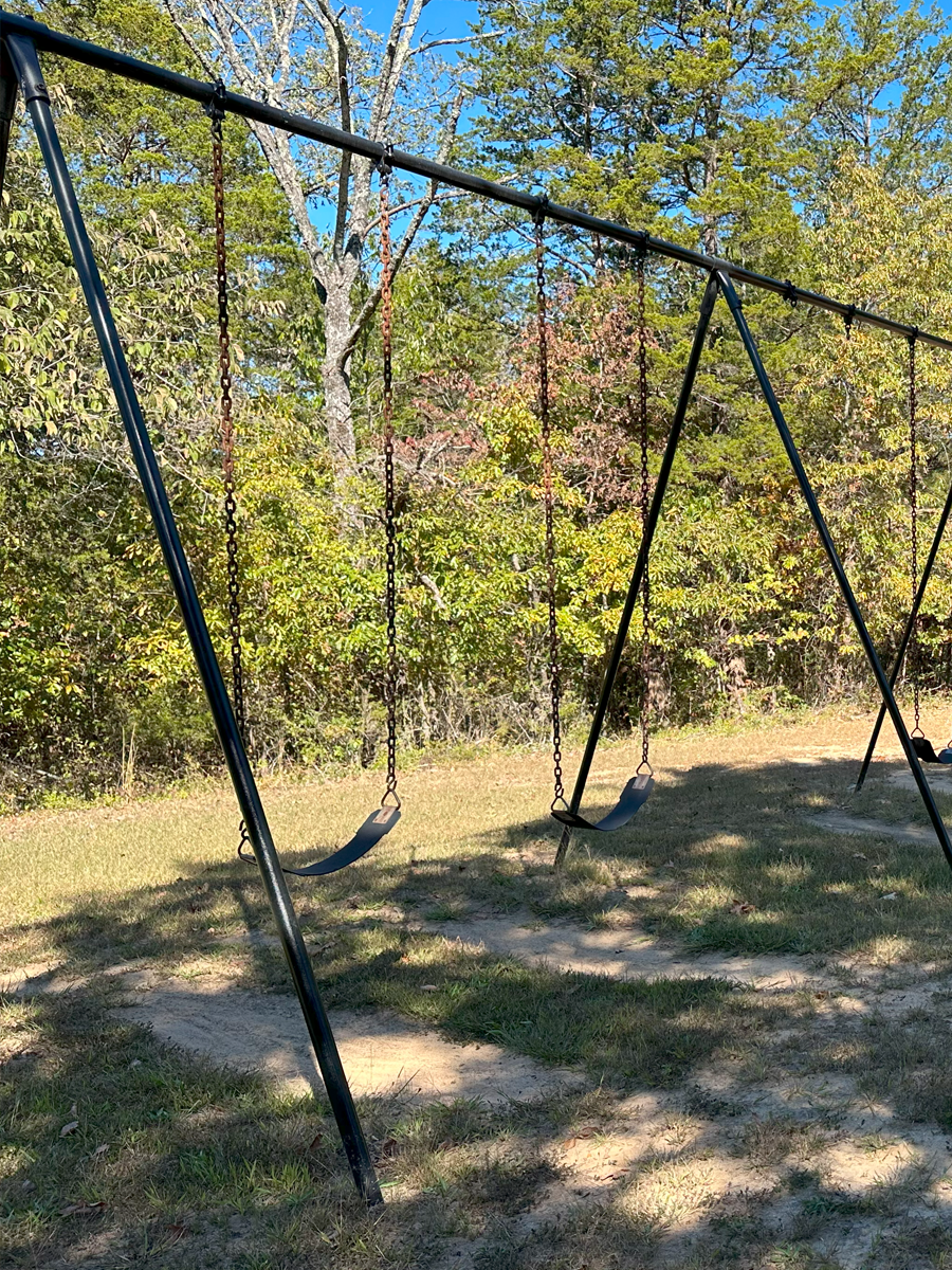 Empty outdoor swing set with three swings, situated on grassy ground with trees and blue sky in the background.