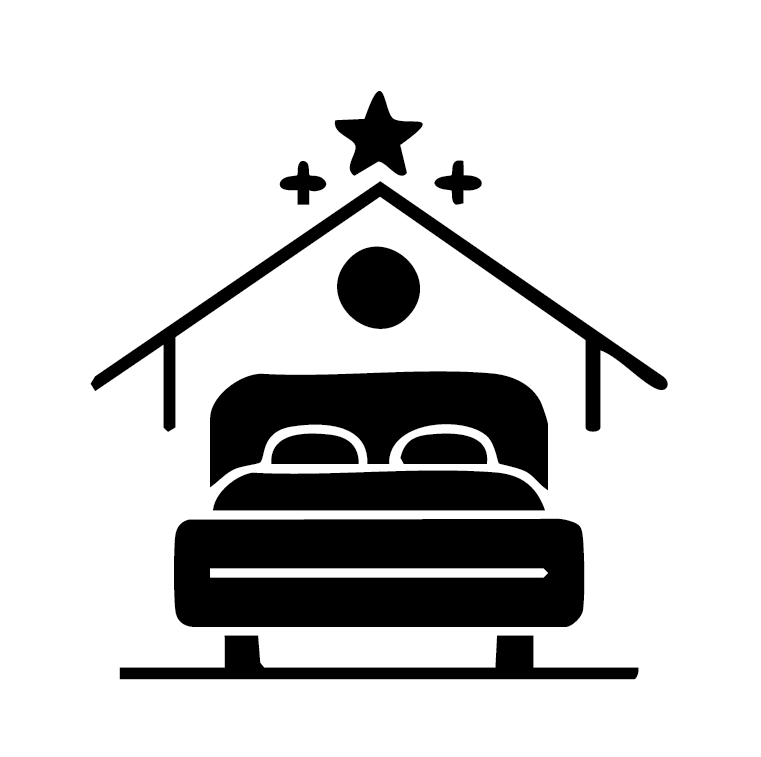 Silhouette of a bed inside a simple house or tent with a star, a circle, and plus signs above it, suggesting a cozy or festive bedroom setup.
