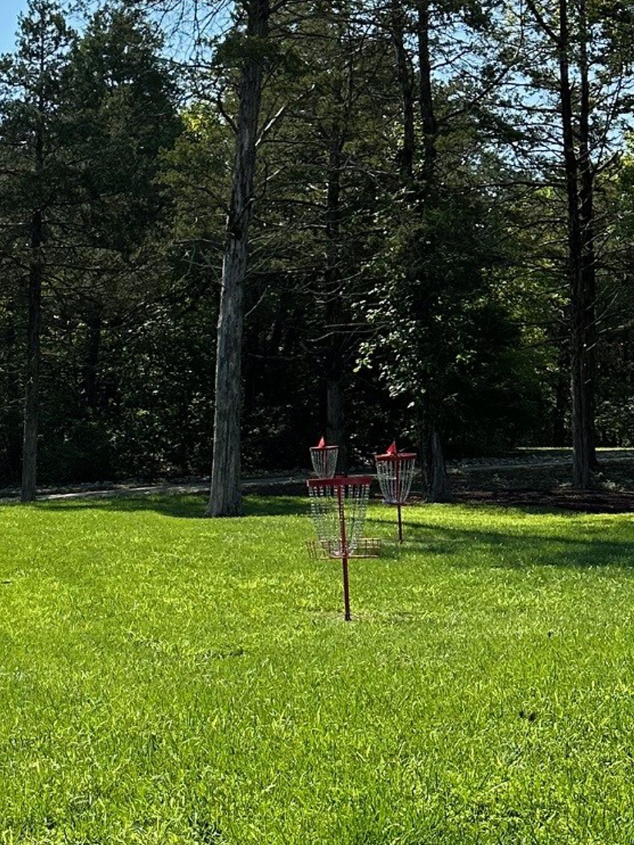 Disc golf baskets on a grassy field with trees in the background.