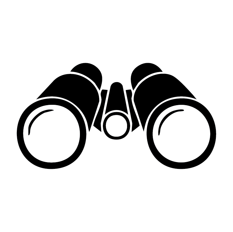 Black and white illustration of binoculars viewed from the front.