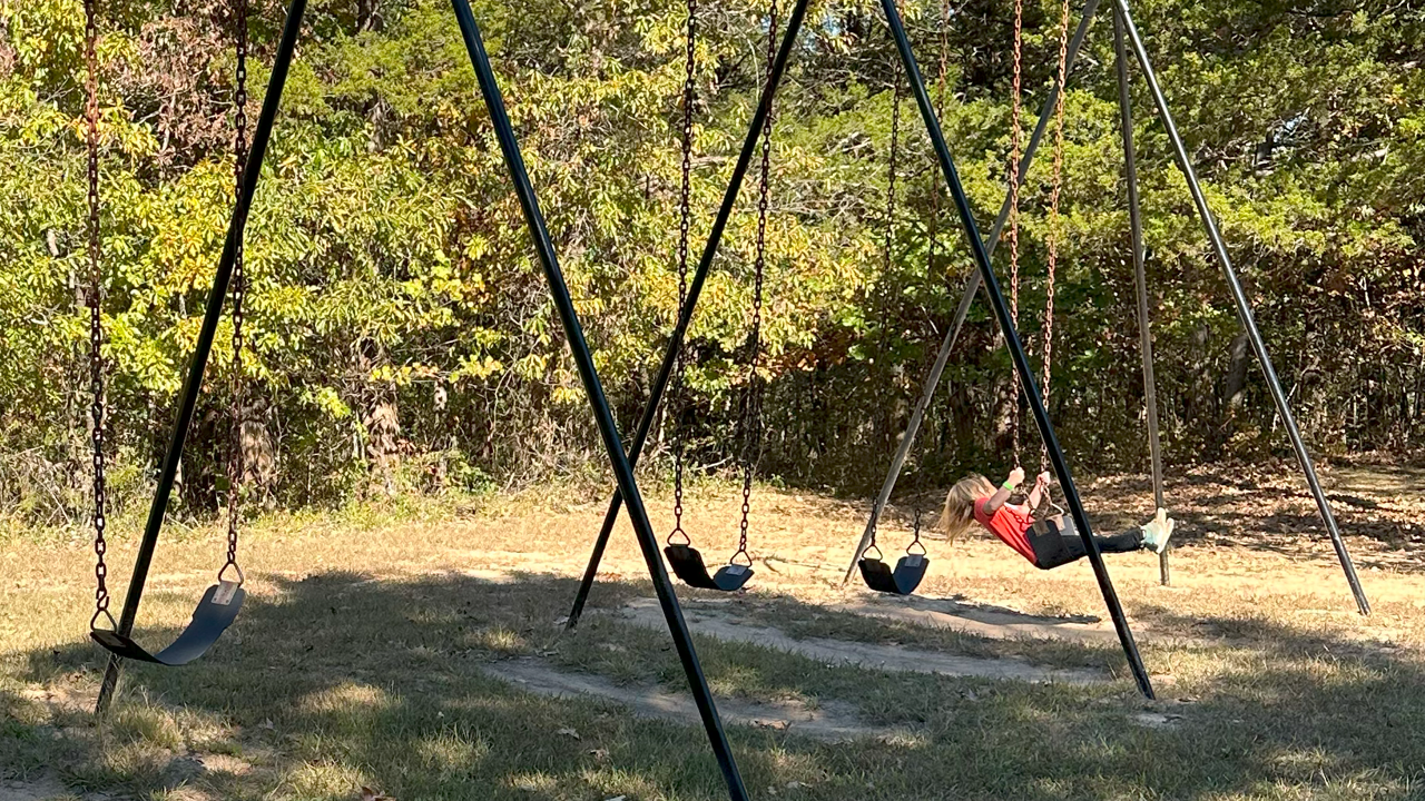A young girl in a red shirt on a swing set in a park with green trees in the background.