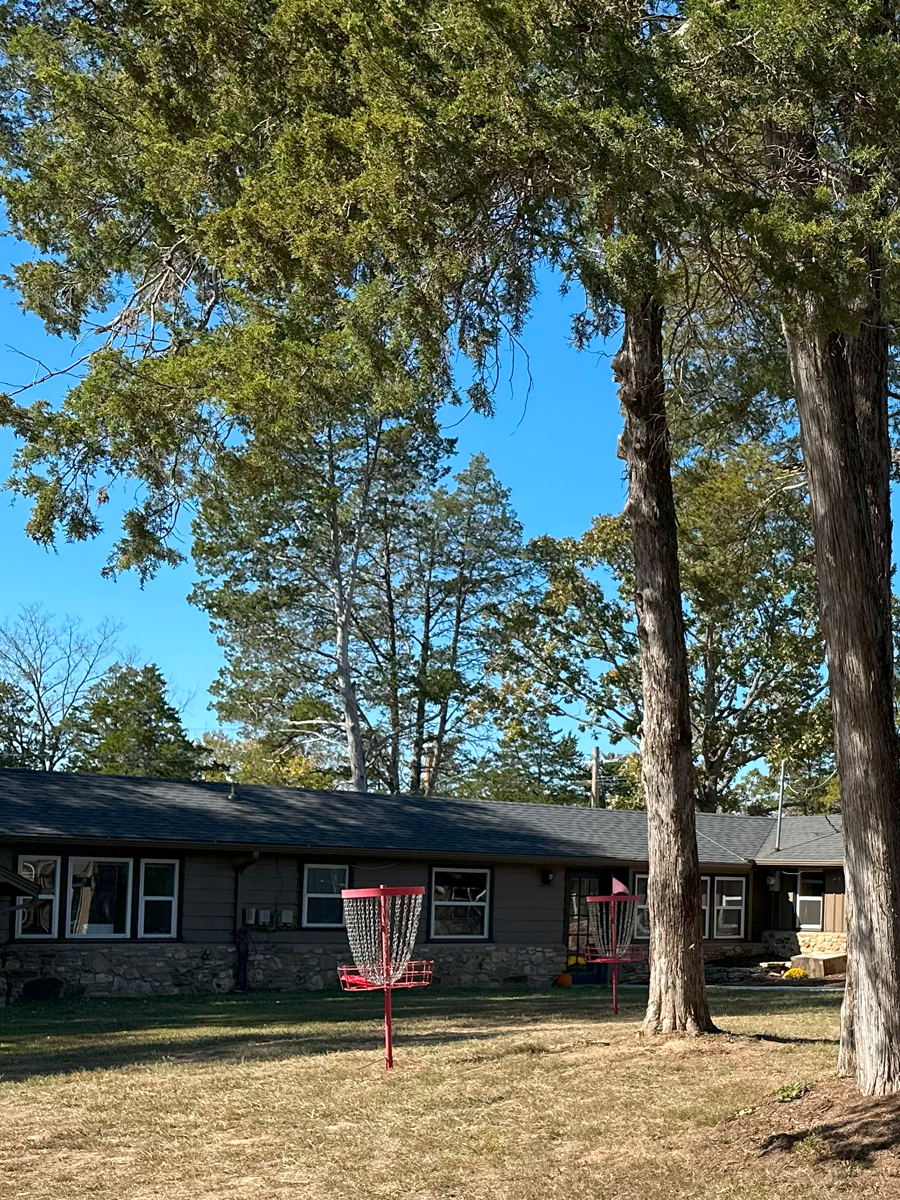 A grassy yard with two tall trees, a single-story house with a stone and siding exterior, and two pink disc golf baskets placed in the yard, with a clear blue sky overhead.