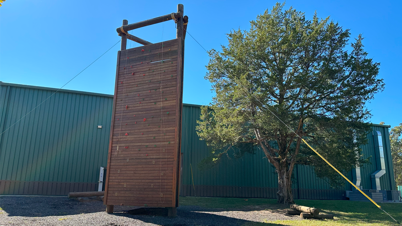 Outdoor wooden climbing wall with safety ropes, next to a large tree and a green industrial building under a clear blue sky.