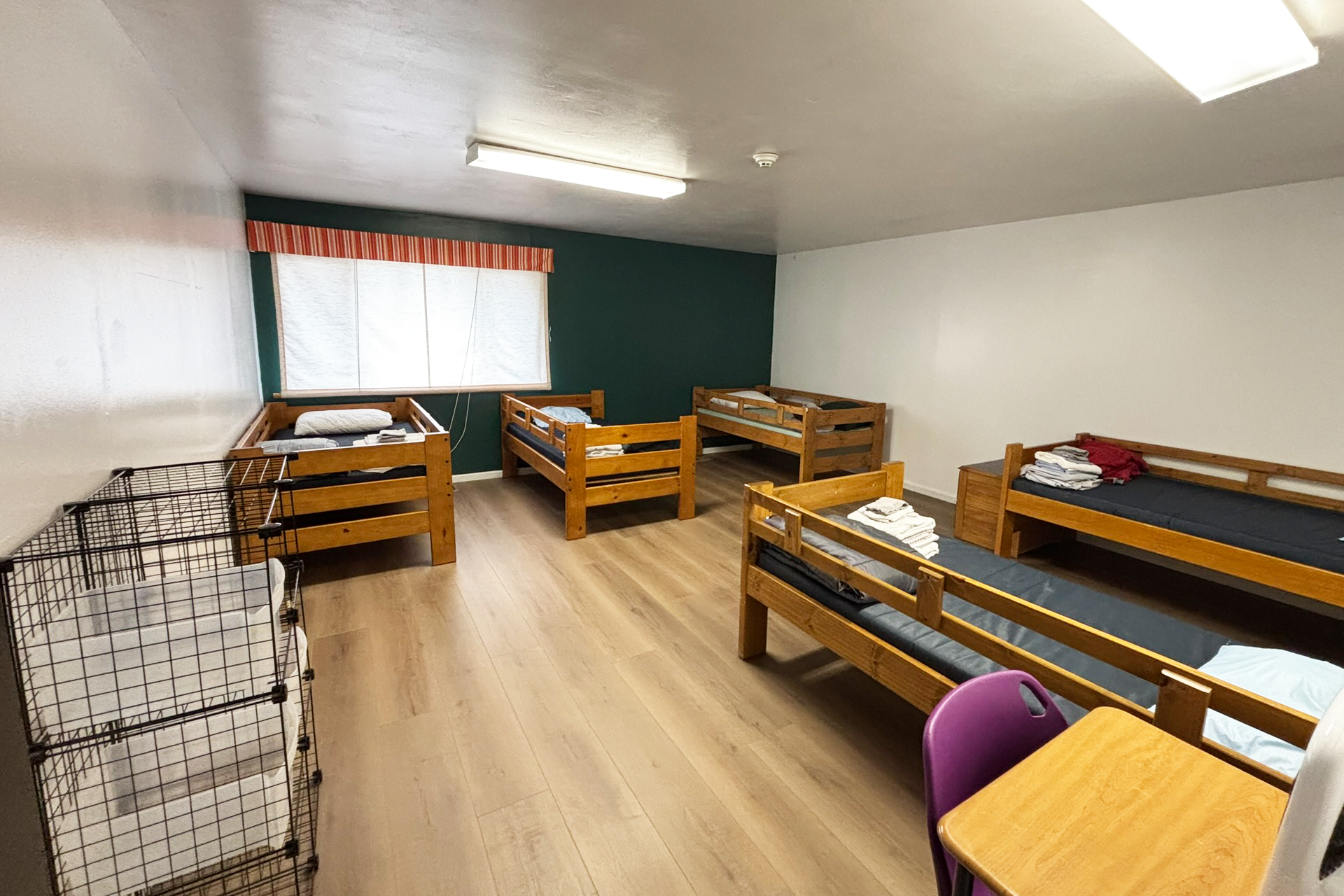 Dormitory room with six wooden beds, stacks of folded towels, window with striped valance, purple chair, wooden table, and metal pet cage.