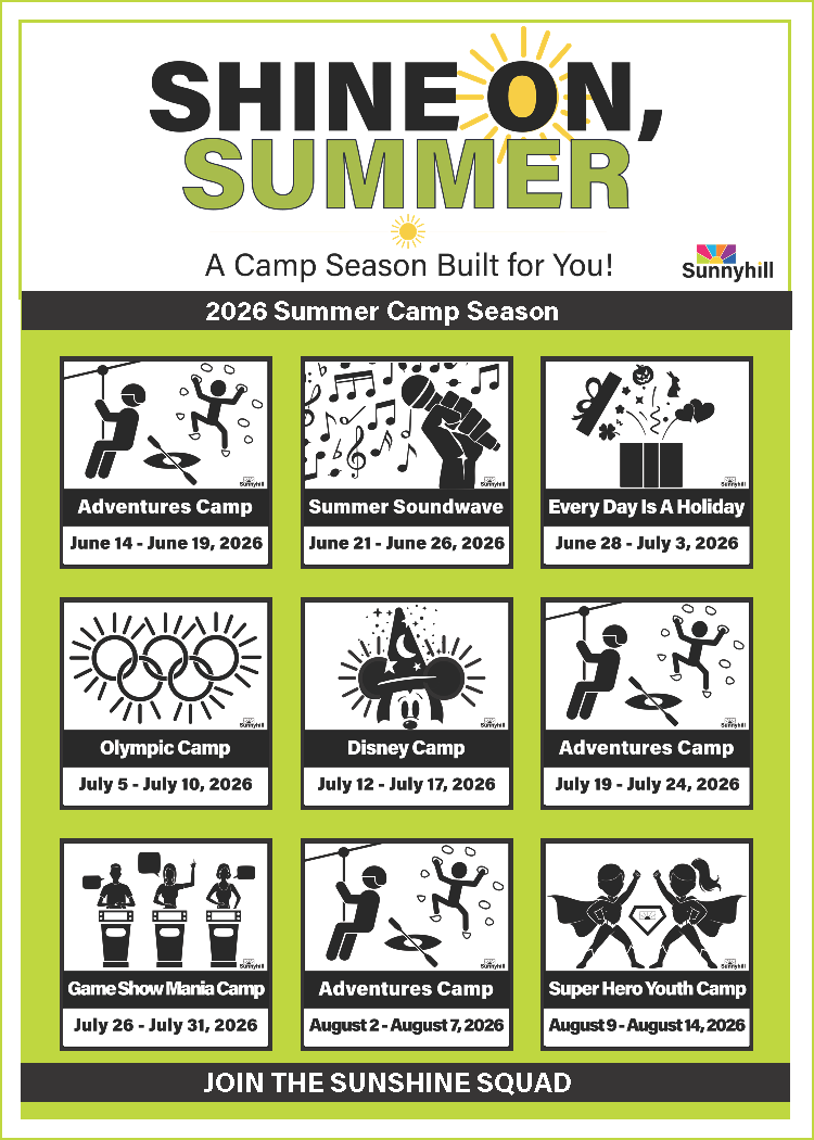 Summer camp schedule poster with various activity icons and dates for 2026 at Sunnyhill.