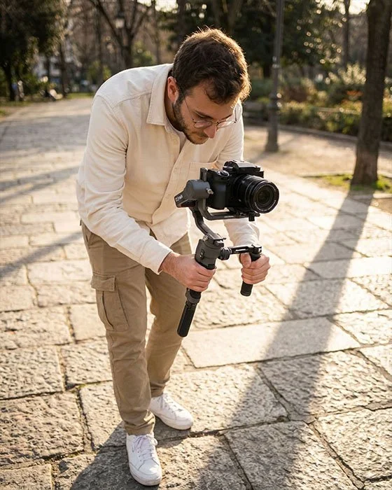 Le vidéaste Dimitri Weber en action réalisant un travelling stabilisé avec un DJI Ronin lors d'un tournage vidéo professionnel en extérieur.
