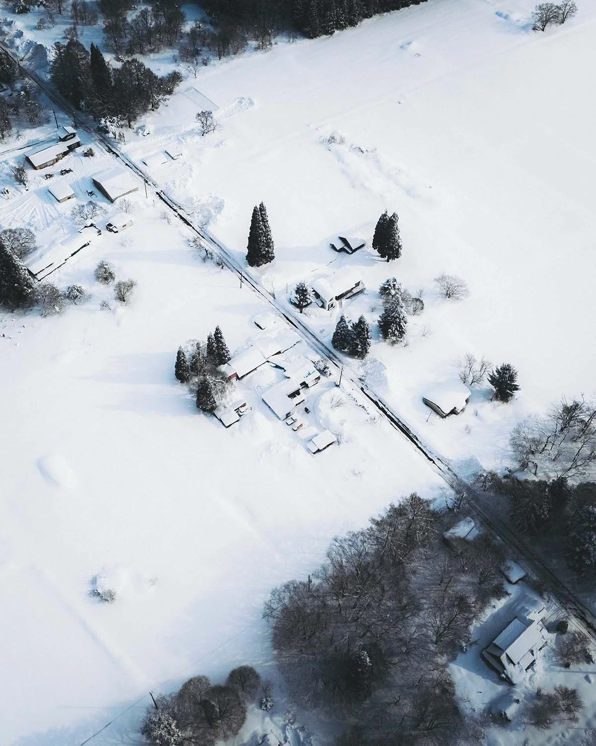Vue aérienne documentaire montrant l'architecture rurale japonaise et les toits ensevelis sous une épaisse couche de neige fraîche. Ambiance "Snow Country" (Yukiguni).