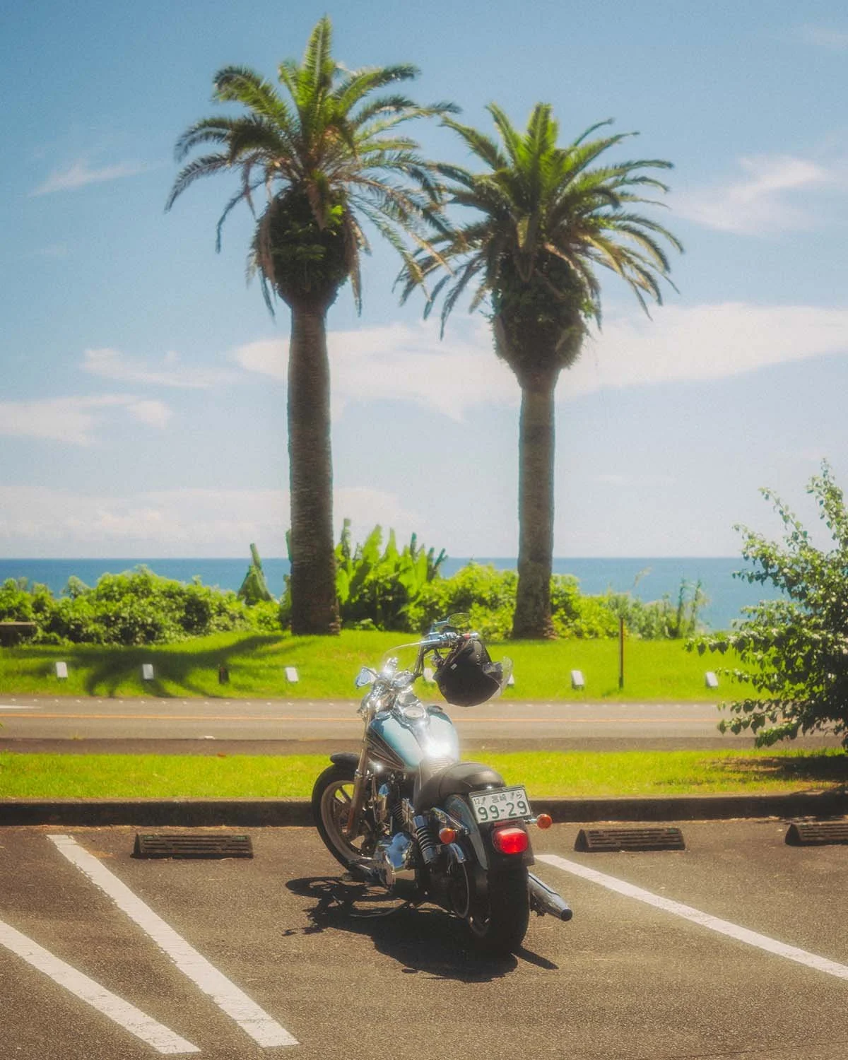 Moto stationnée sous des palmiers phénix face à l'océan Pacifique sur la côte de Nichinan à Miyazaki. Ambiance tropicale de road trip au sud du Japon.