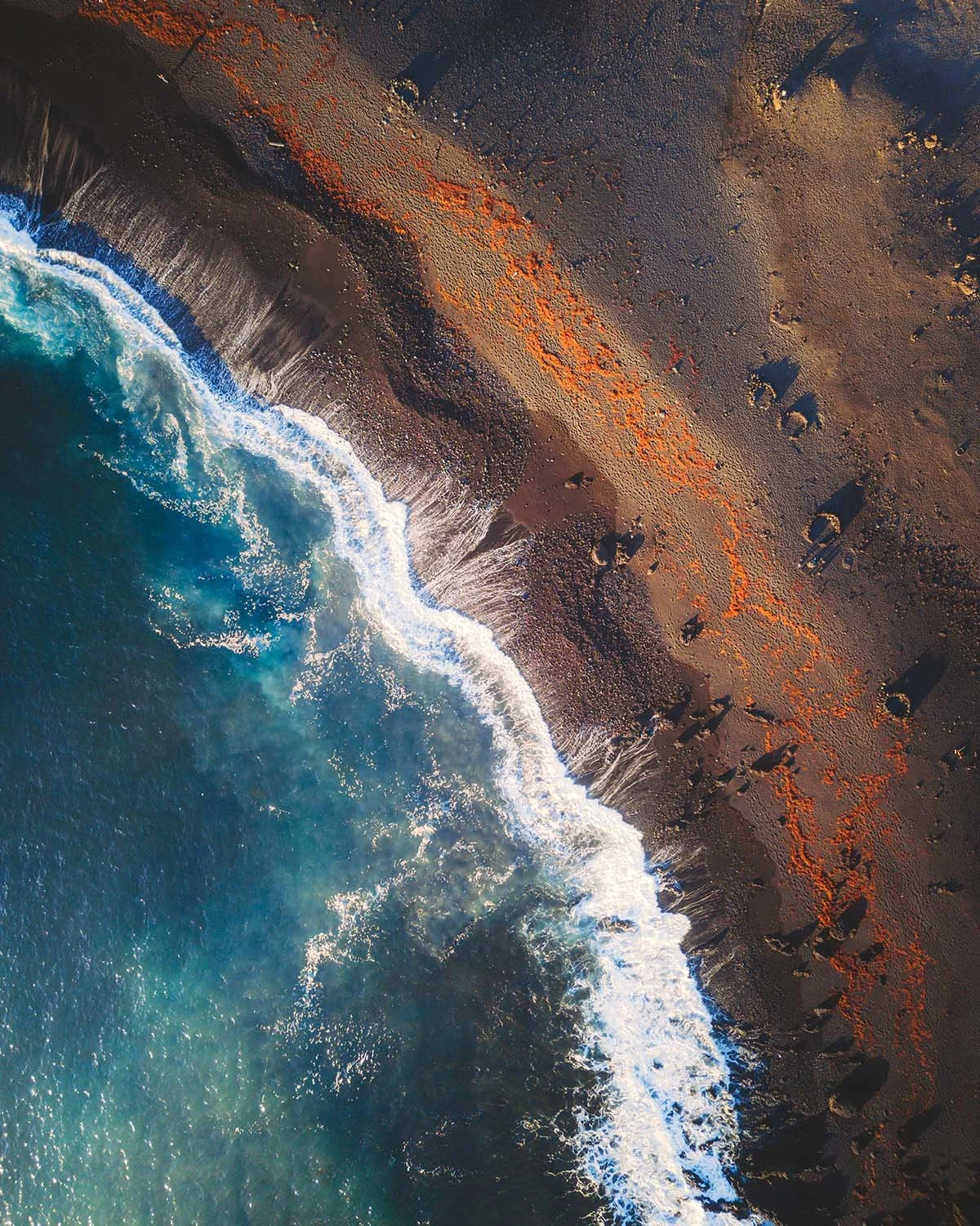 Photographie fine art montrant la rencontre entre le sable volcanique noir, les algues rouges et l'eau bleu profond de l'Atlantique.