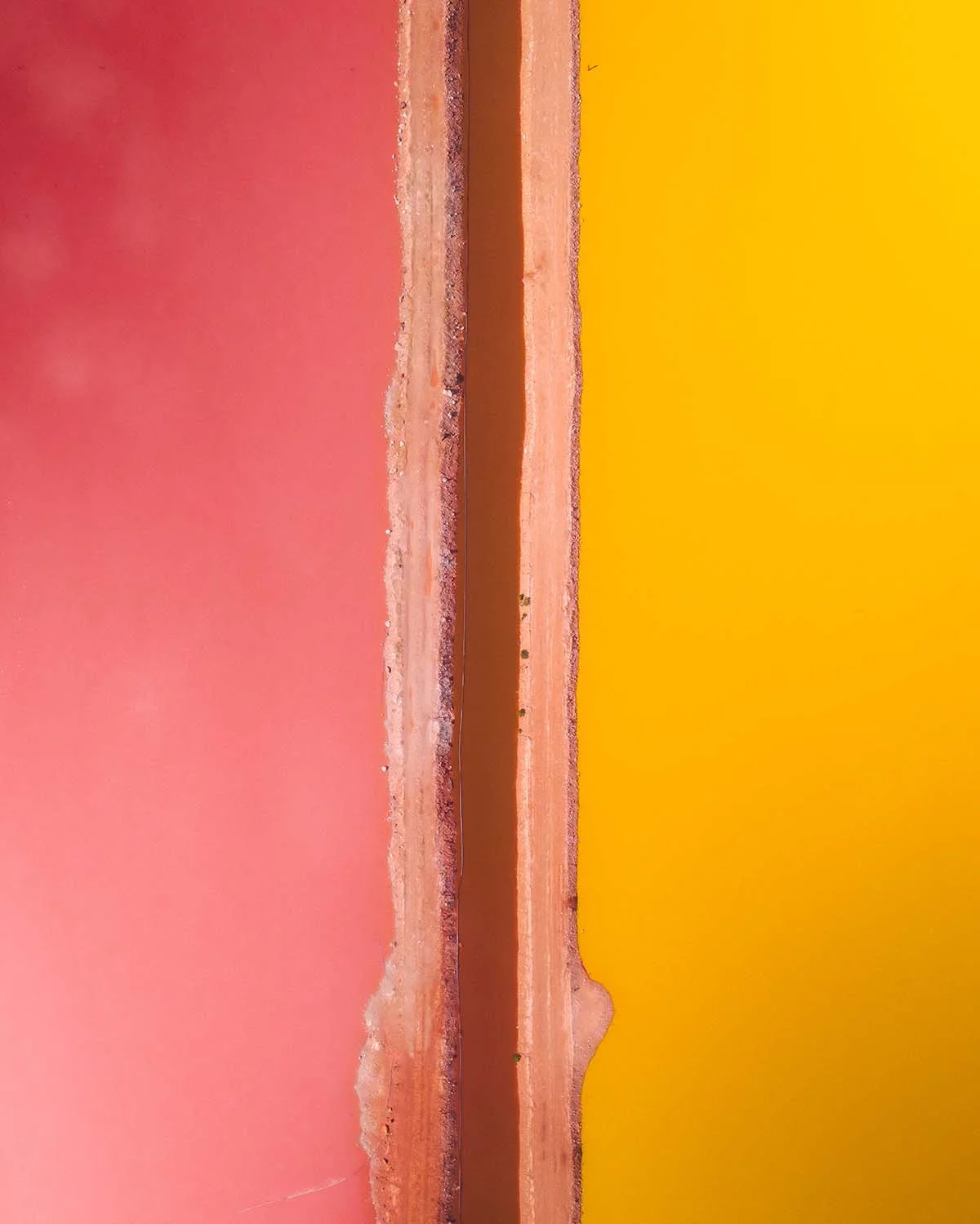 Photographie aérienne abstraite jouant sur la séparation nette entre l'eau rose saturée du Hutt Lagoon et la terre jaune sulfureuse. Composition graphique en Western Australia.