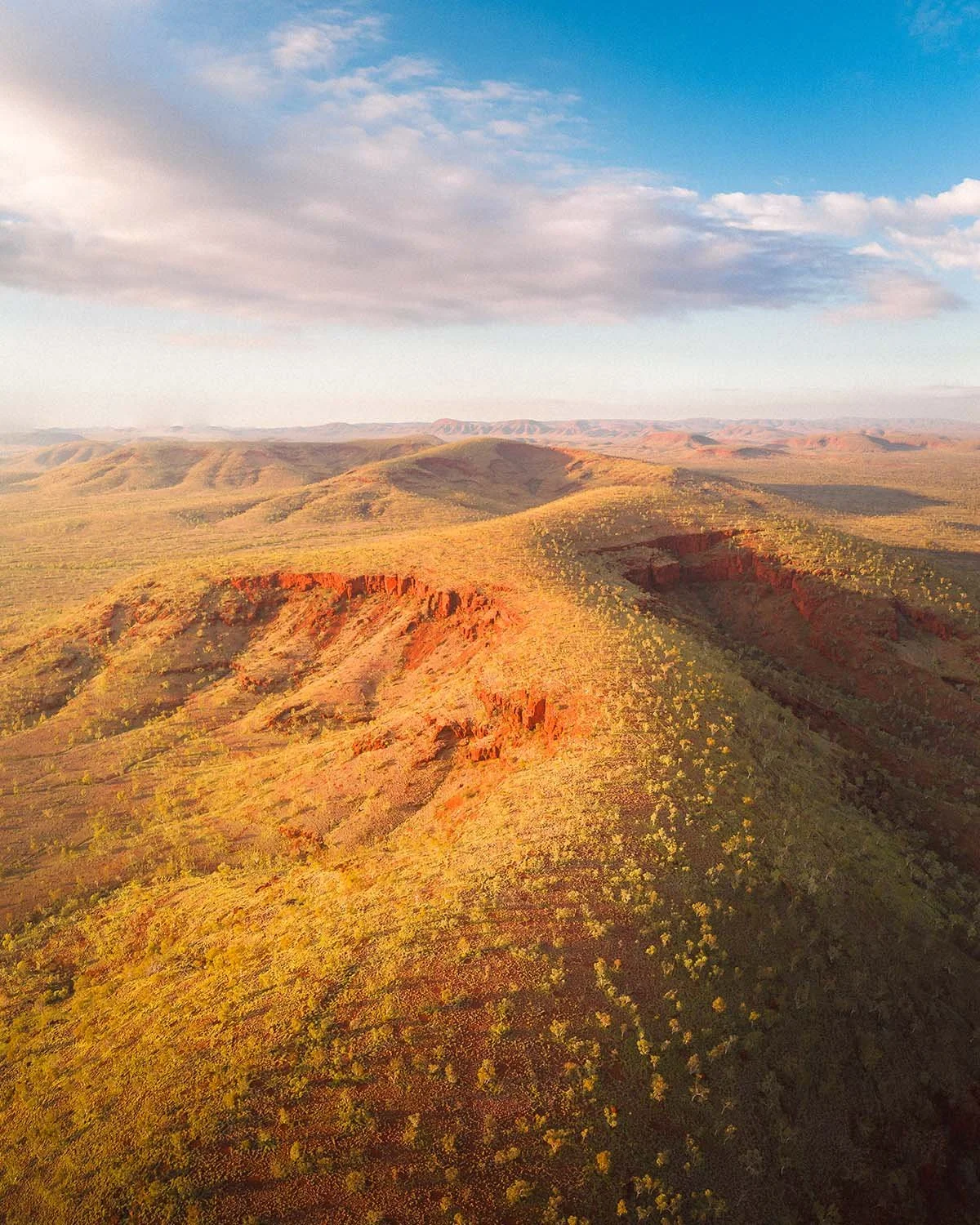Paysage immense de l'Outback australien montrant les formations géologiques rouges et la végétation éparse de la région du Pilbara ou des Kimberley au lever du soleil.