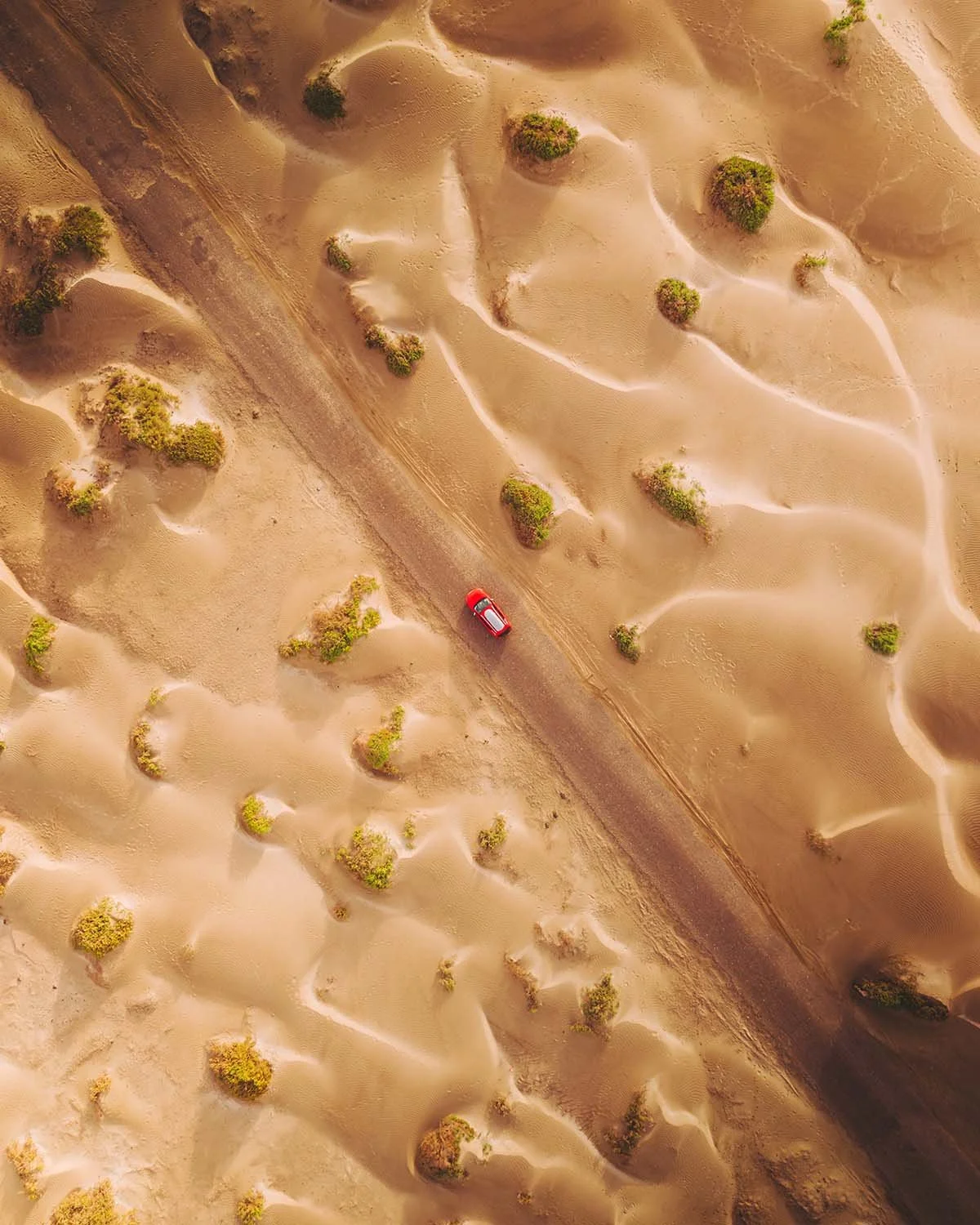 Photographie aérienne d'une route traversant l'immensité des dunes de sable blanc du Parc Naturel de Corralejo à Fuerteventura.
