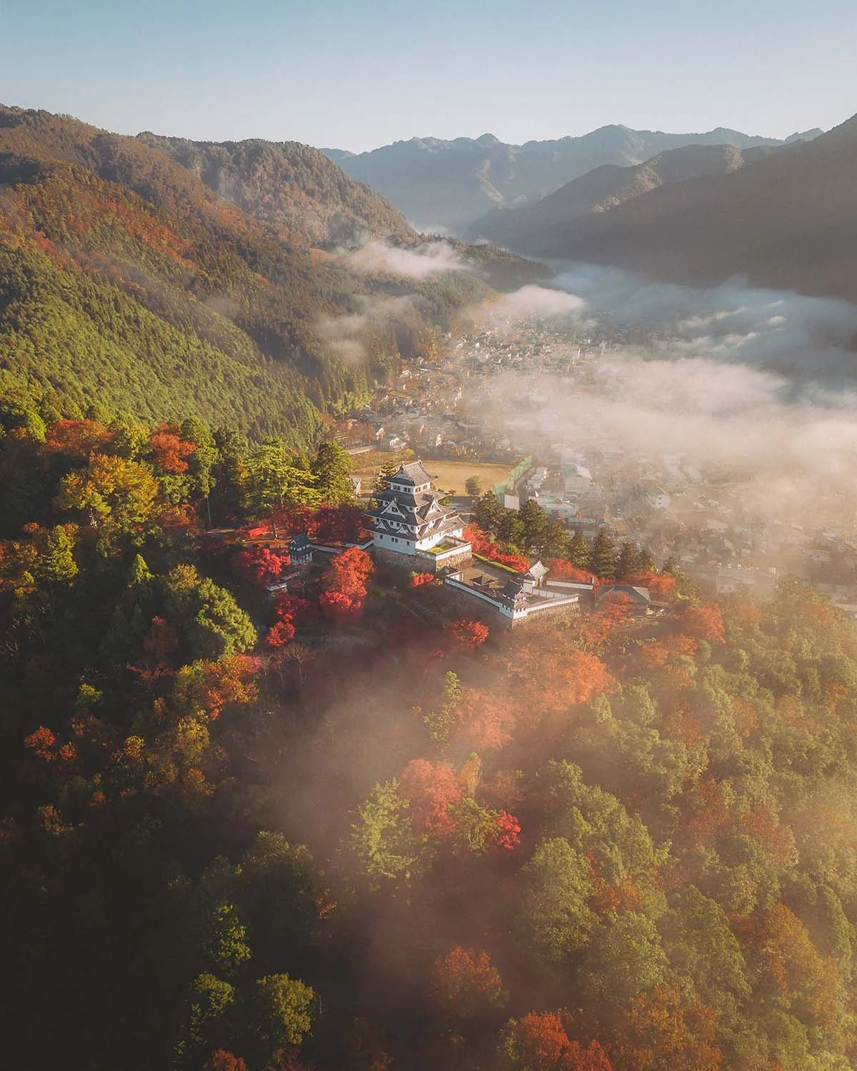 Vue aérienne drone château Gujo Hachiman émergnt mer de nuages brume matinale automne. Château dans le ciel préfecture Gifu architecture féodale japonaise montagne forêt colorée momiji.